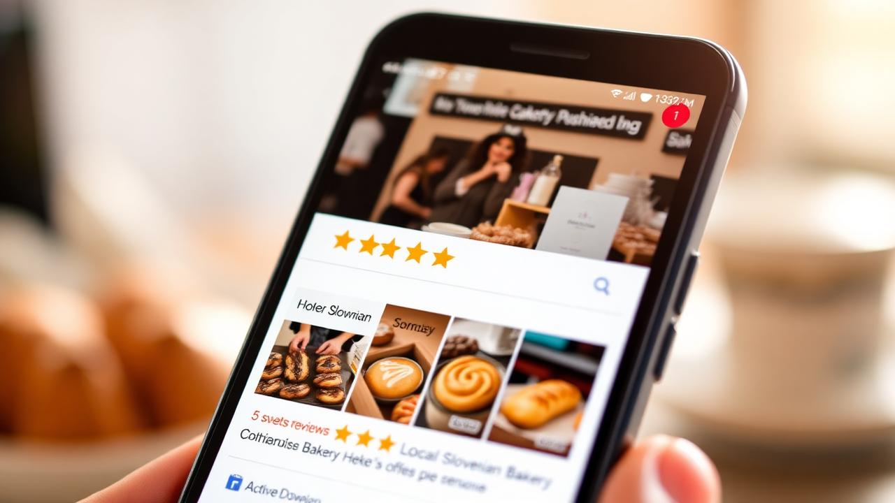 Google Business Profile s 5-zvezdičnimi ocenami na telefonu