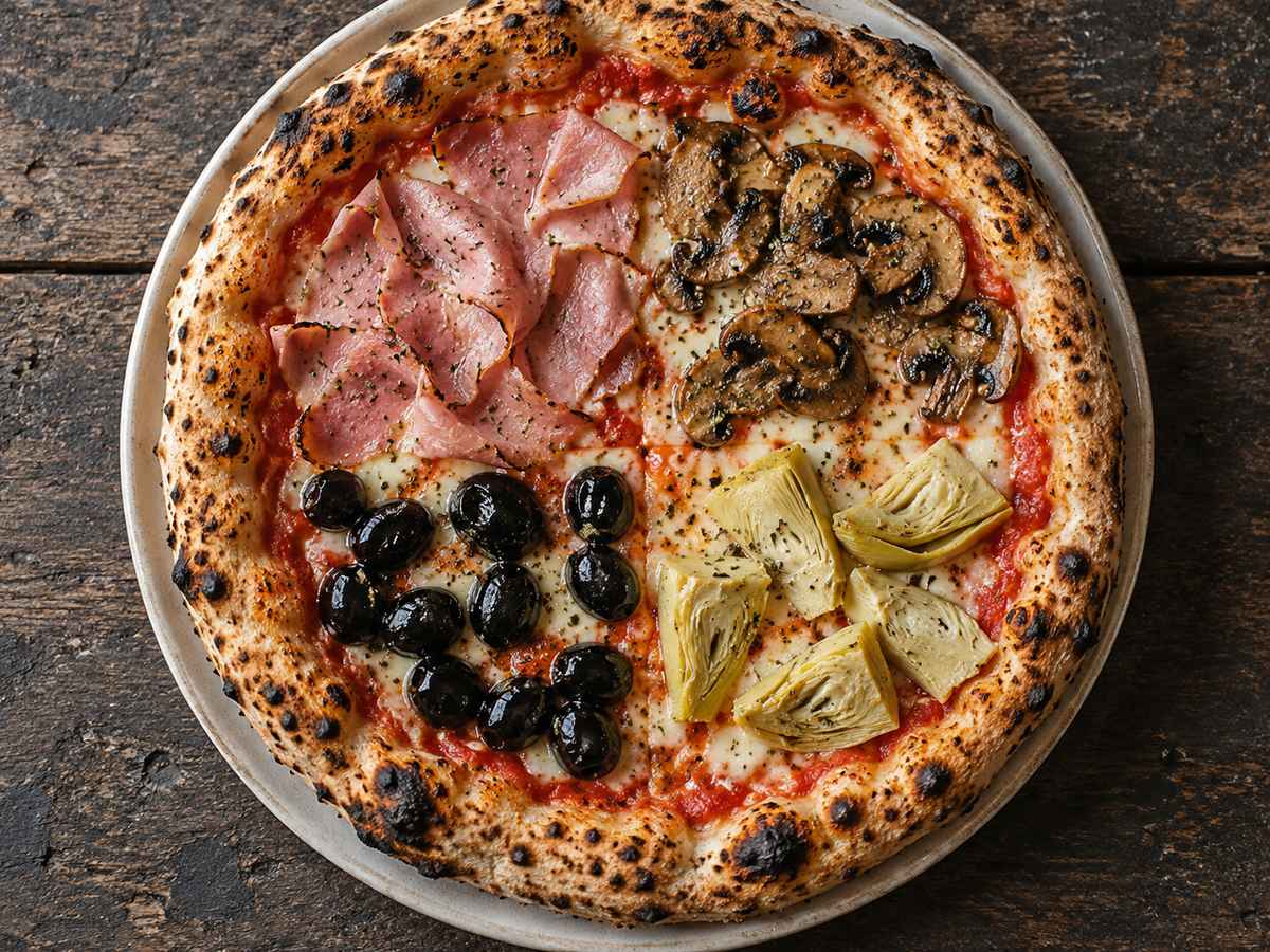 Capricciosa — Paradižnik, mocarela, šunka, gobe, artičoke, olive